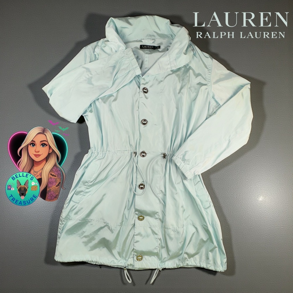 Ralph Lauren LRL Women's Small Shimmer Aqua Blue Hooded Drawstring Anorak Jacket